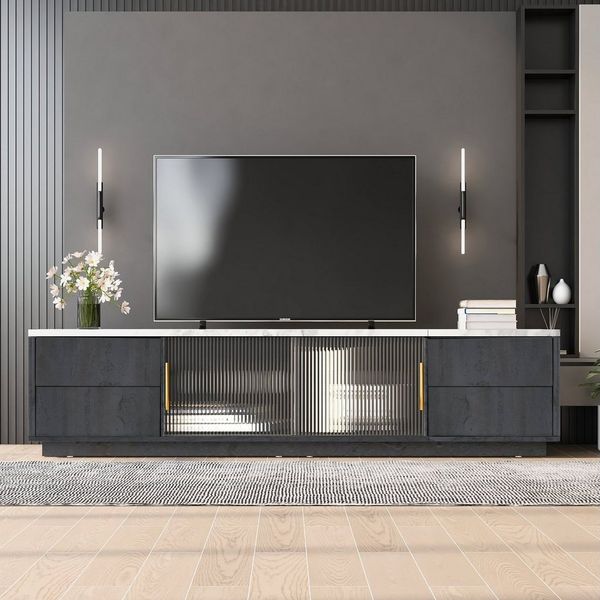 Merax Lowboard mit Push-to-Open Funktion, TV-Schrank, in Marmoroptik mit vier Schubladen und Schwebetüren aus Glas,B:160cm