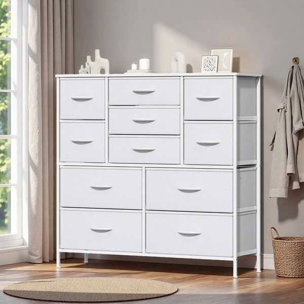 Feonase Stoffkommode mit 11 Schubladen, Schubladenschrank & Komode, Metallrahmen & MDF-Deckplatte, verstellbare Füße, Aufbewahrung für Schlafzimmer, Wohnzimmer, Flur, Weiß
