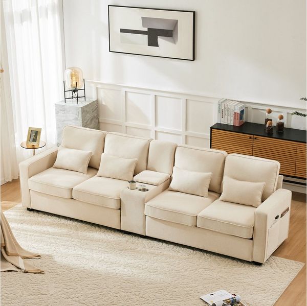 Merax 4-Sitzer mit Seitentaschen und Getränkehälter, XXL-Sofa mit USB,Chaiselounge,Polstermöbel mit Zierkissen