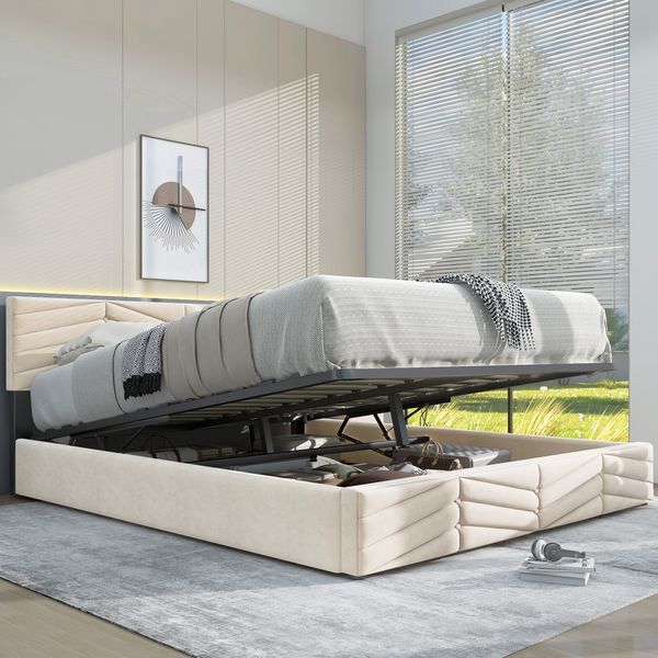 Polsterbett mit höhenverstellbarem Kopfteil,205.5*145.5*90-95 cm, Beige Stauraumbett,inklusive Schaummatratze