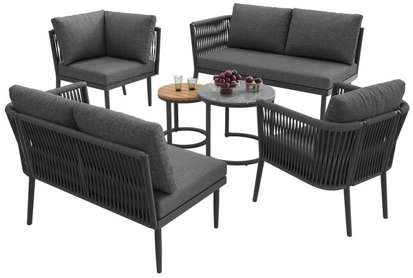 MODFU Gartenlounge-Set Großes Outdoor Sofa Set, (mit wasserfester Sitzbank und Kissenset, Modulares Ecksofa Set für Terrasse Balkon, 1-tlg, Sofa 114,5×61×67, Sessel 53×53×75, Eck 61×61,5×67, Tische 41,5/58 cm)