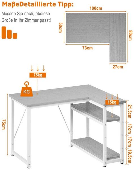 GUNJI Eckschreibtisch Eckschreibtisch Umkehrbarer L-förmiger Computer schreibtisch mit Hutch (Schreibtisch mit verstellbaren Regalen)