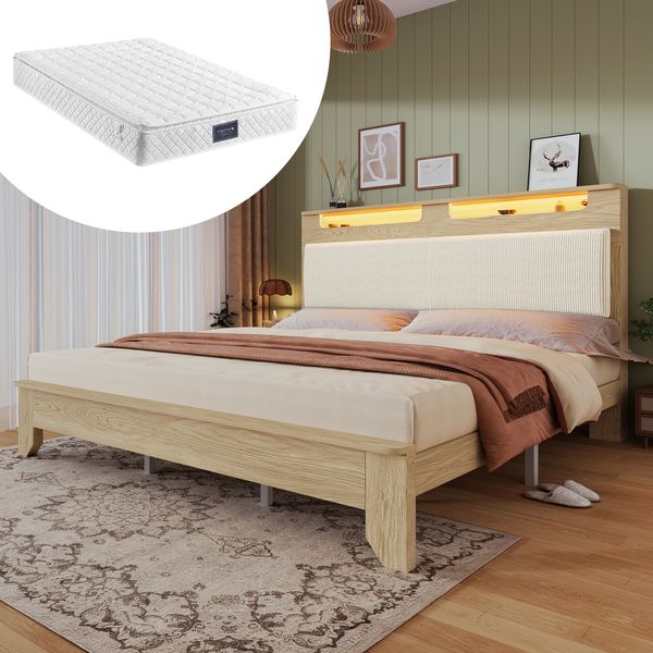 Doppelbett 160x200 cm mit LED-Kopfteil, Stauraum & inkl. Matratze, Eiche/Beige