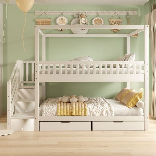 KLAM HOME Etagenbett Kinderbett mit Ablagefächern und Sicherheitsleiter, 90*200 cm,Hausform (Massivholz-Doppelbett, Sicherheitsgitter-Design), Weiß, Für Jungen und Mädchen