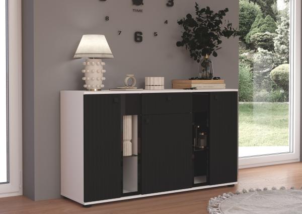 Kommode Salsa 2 Lamellenoptik Anbauwand Wohnwand Sideboard MDF Schwarz + Weiss