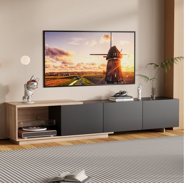 FUROKOY Lowboard Hochglanz-TV-Schrank, für bis 75 Zoll (Fernsehtisch, Fernsehschrank, TV Board), für Wohnzimmer und Schlafzimmer, 240 x 38 x 44 cm, Schwarz