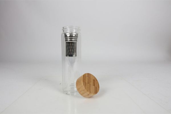 Glasflasche 350 ml mit Teesieb – doppelwandig, Bambusdeckel, für Tee & Infused Water