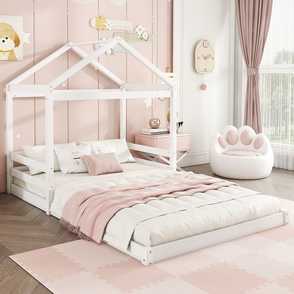Hausbett 140x200cm für Kinder, Kinderbett in Hausform mit Lattenrost,modernes Montessori Bett,stabiles Holzhausbett, Weiß