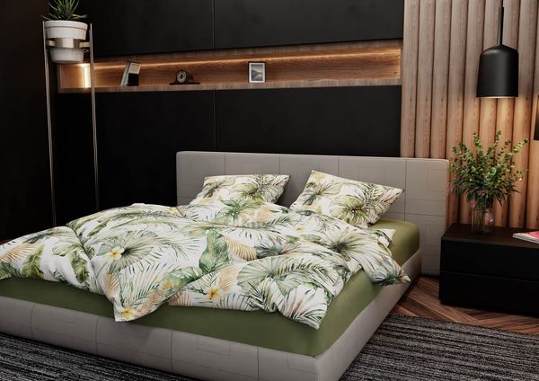 Mako Satin Bettwäsche Blätter und Palmen weiß Garnitur 140x200 + 70x90