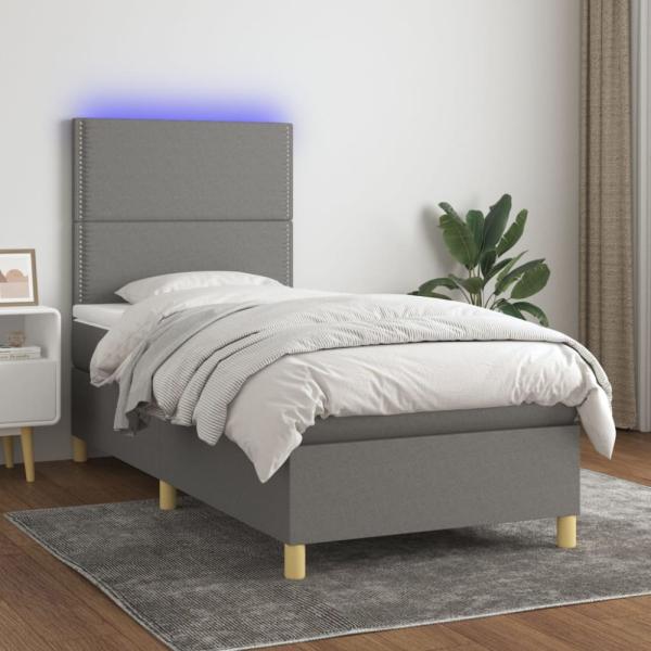 vidaXL Boxspringbett mit Matratze & LED Dunkelgrau 100x200 cm Stoff 3135334