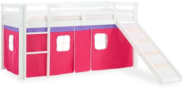 Kinderbett Hochbett Massiv Kiefer weiß pinker Vorhang, Rutsche