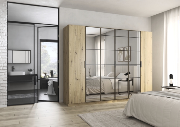 rauch Acero, Kleiderschrank, Garderobenschrank in moderner Loft-Optik, 6-türig, 4 Glastüren, mit 3 Kleiderstangen und 3 Einlegeböden, Farbe Eiche Artisan, BxHxT 271x210x54cm