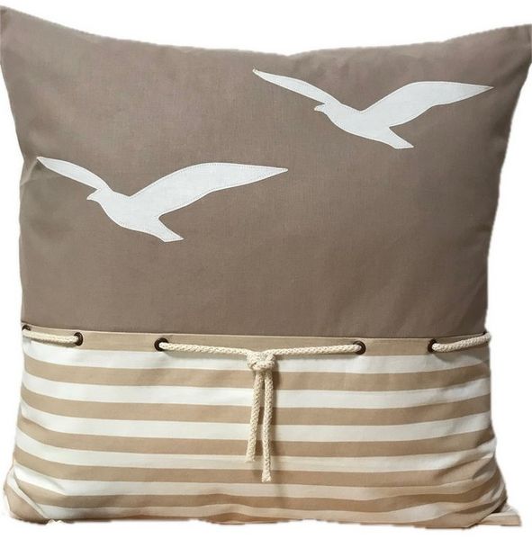 Ammerkind Dekokissen Maritime Kissenhülle, Kissenbezug * Möwen beige/weiß gestreift, 100% Handarbeit aus Bayern