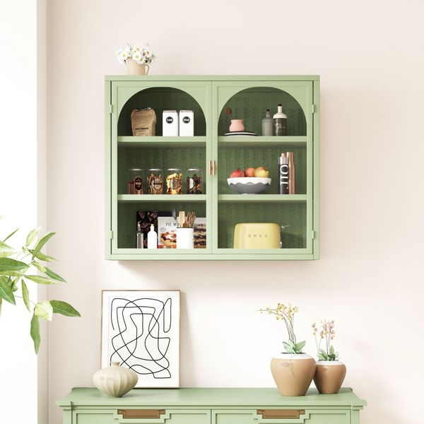 Flieks Wandschrank Küchen-Hängeschrank mit 2 Glastüren & 3 Ablagen, Einzigartige Webmuster, Grün