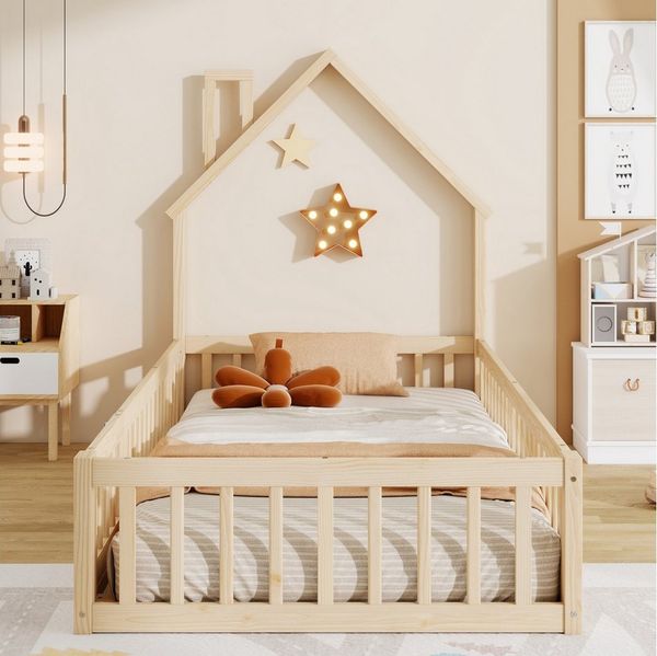 Flieks Kinderbett, Massivholzbett 90x200cm mit Schornsteinform und Lattenrost