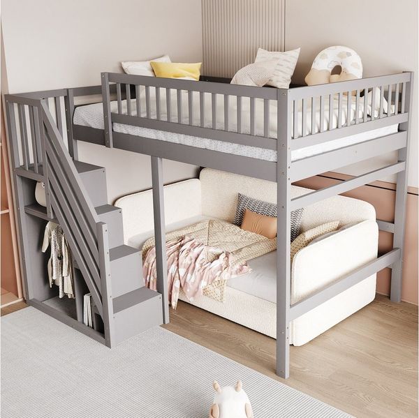 REDOM Etagenbett Kinderbett Holzbett Einzelbett (mit Treppe & Stauschrank, hohes Geländer, 140x200 cm), ohne Matratze