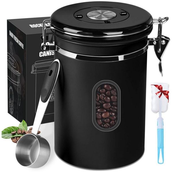 MOPUEA Kaffeedose Kaffeedose Luftdicht Kaffeebohnen Behälter mit Topfbürste, Messlöffel, (1.8L, aus Edelstahl 304, mit einem Einweg-CO2-Ventil, Tages-, Monats- und Datumsanzeige auf dem Deckel), für die Aufbewahrung von Kaffeebohnen und gemahlenem Kaff...