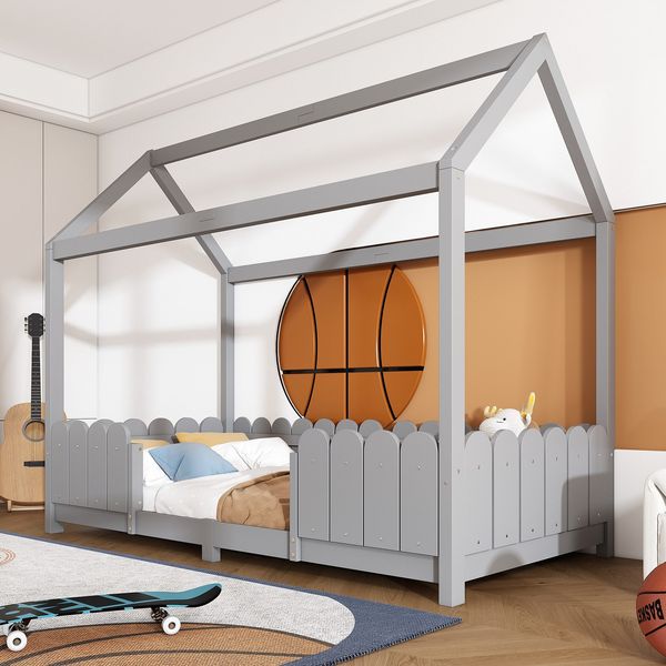 Hausbett mit Lattenrost, 90x200 cm, Kinderbett mit Rausfallschutz, Kiefer