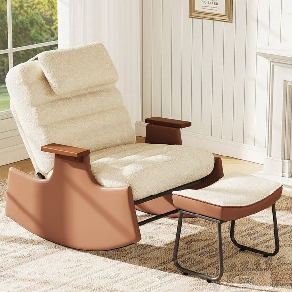FUROKOY Schaukelstuhl Relaxsessel 3-stufia verstellbare Rückenlehne (Set, 1 St), Wohnzimmersessel mit Armlehnen und Hocker Teddystoff,Beige,62 x 52 x 81 cm