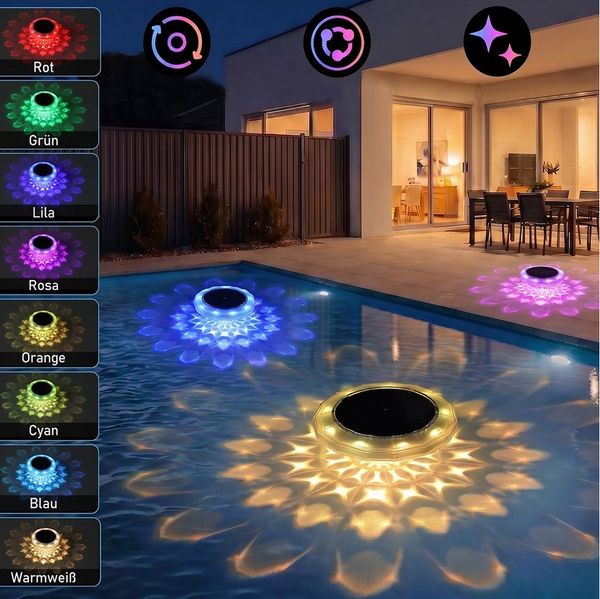 oyajia Pool-Lampe RGB Solar Poolbeleuchtung, Schwimmende Poolleuchte mit Fernbedienung, LED fest integriert, RGB, IP68 Wasserdichte Poolleuchten für Wanne, Schwimmbad, Teiche, Gärten