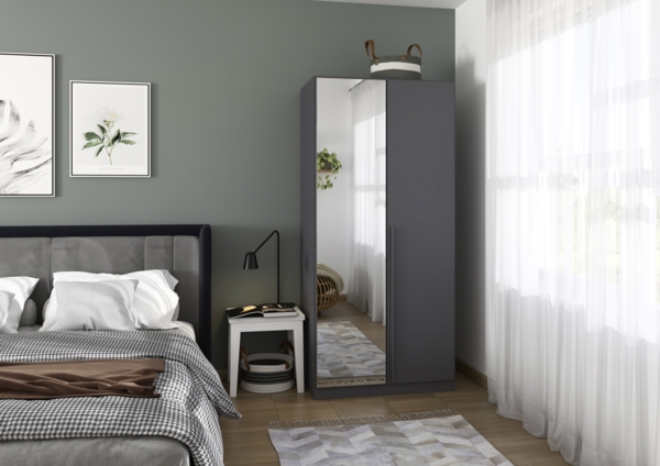 rauch Kleiderschrank Alba, Drehtürenschrank, Garderobenschrank, 2-türig, mit Spiegel, mit 1 Kleiderstange und 1 Einlegeboden, Farbe Grau metallic, Schwarz, Griffstange Grau metallic, Schwarz, 91x197x56cm