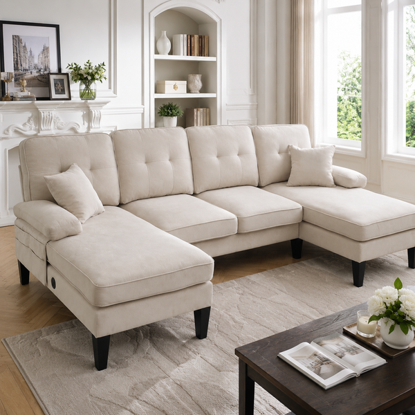 Großes U-förmiges 4-Sitzer Sofa aus weichem Leinenstoff, moderne Rückenlehne, mit zwei Chaise-Lounges, Beige