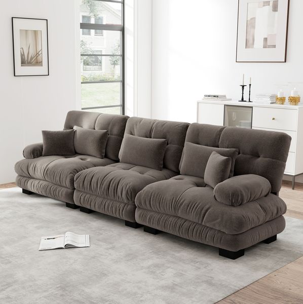 Sofa 3-Sitzer, 81cm×313cm×77cm, modular, mit Tiefensitz – Chenille in Braun mit gepolsterten Armlehnen