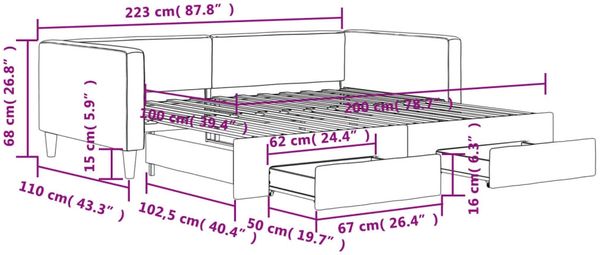 vidaXL Tagesbett Ausziehbar mit Schubladen Taupe 100x200 cm Stoff 3196622 Bild 12