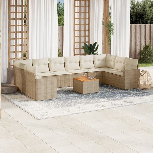 vidaXL 11-tlg. Garten-Sofagarnitur mit Kissen Beige Poly Rattan 3256625