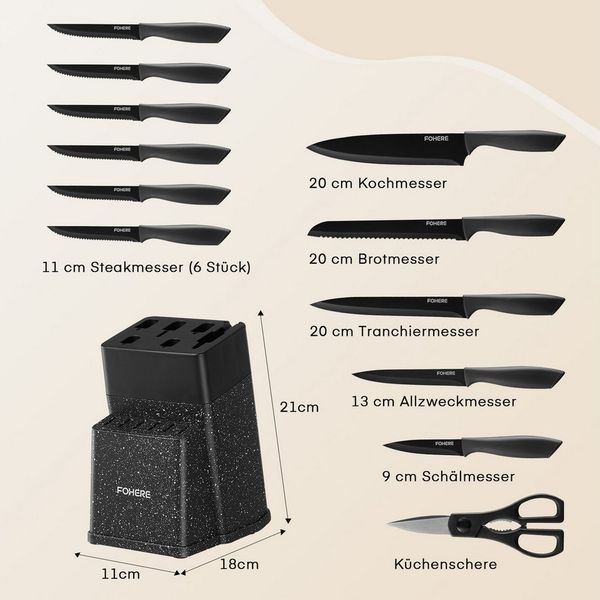 FOHERE Messer-Set aus hochwertigem Edelstahl, mit ergonomischen Griffen (13-tlg), Inkl. integriertem Schärfblock, spülmaschinenfest & rostfrei