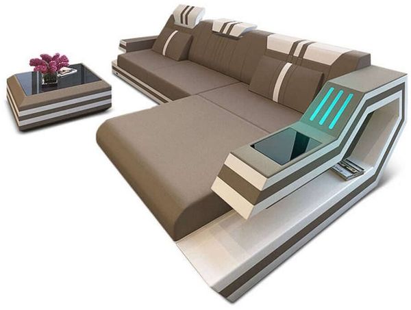 Polstersofa Materialmix Ravenna L-Form LED - Mikrofaserstoff - Taupe-Weiß - Rechts
