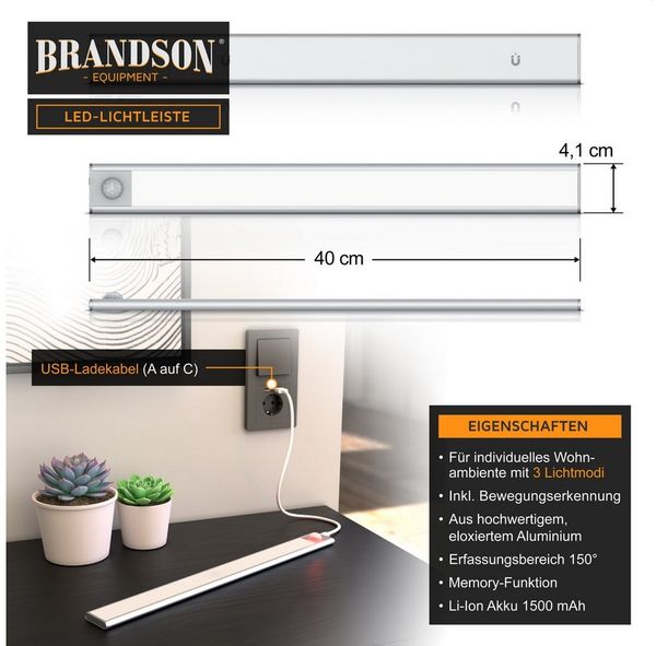 Brandson Unterschrankleuchte Nachtlicht mit Bewegungsmelder, 3 Lichtfarben, Akku, SMD LED, warmweiß, neutralweiß, kaltweiß, Dimmbar, für Schränke, Unterbauleuchte, Wandhalterung