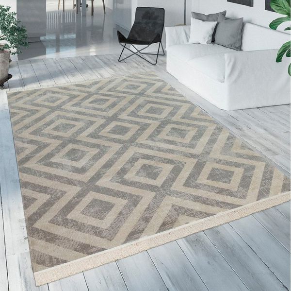 Paco Home Teppich Poco 821, rechteckig, Höhe: 6 mm, Kurzflor, Rauten Design, mit Fransen, In- und Outdoor geeignet