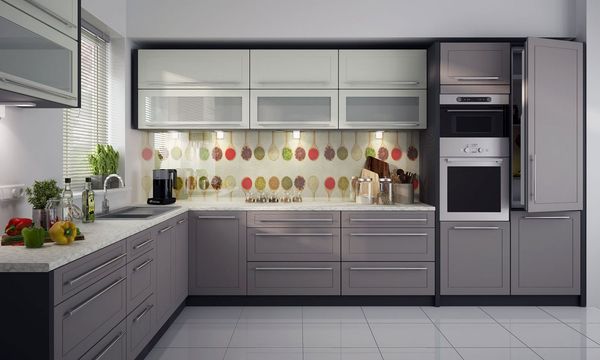 L-Form Küchenzeile KVANTUM Küchenblock 250x385cm lava Front vanille beige matt Teilauzug