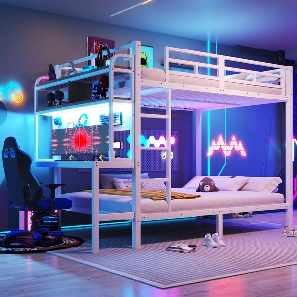 Etagenbett,Eisenrahmen Ablagefach Schreibtisch mit LED-Lichtleiste USB-Anschluss Sicherheitsgeländer Leiter ohne Matratze,Eisen,Weiß,140 x 200 cm