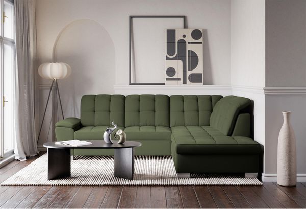 Selsey Couch 258x212 cm Ecksofa mit Schlaffunktion und Bettkasten, Modular Sectional Sofa, Stoff Verita Khaki, Verstellbare Kopfstützen, Komfort & Stil für Wohnzimmer & Gäste Rechtse Seite