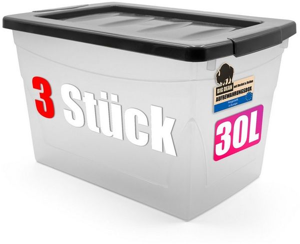 BigDean 3x30 L Aufbewahrungsbox mit Deckel Budget Line Plastikbox mit Deckel Aufbewahrungsboxen