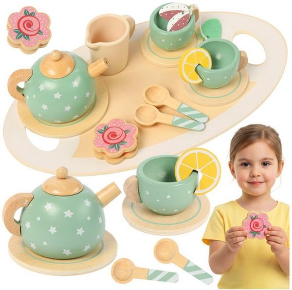 KRUZZEL Teeservice Kinder-Teeservice Kinderküchenset, 2 Personen, Holz, Komplettes Kinderküchenset mit Teekanne, Tassen, Löffeln und Zubehör