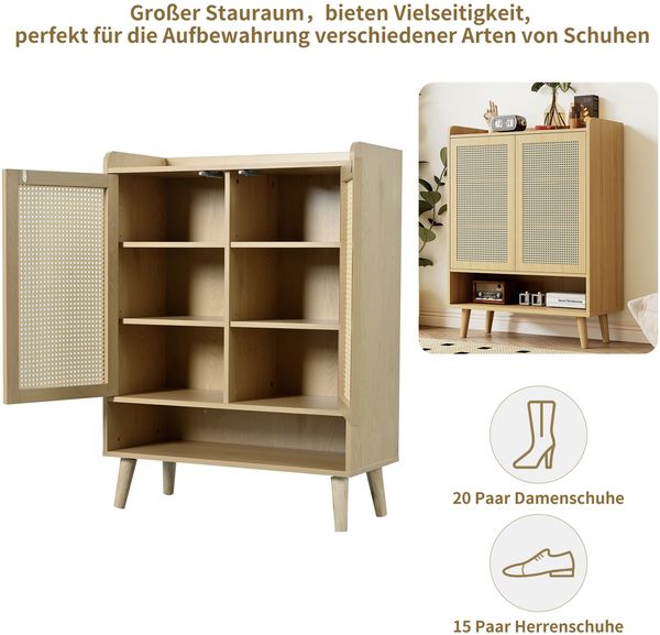 Schuhschrank mit Rattantüren & Push-Open, eiche, 80x35x105 cm Bild 7