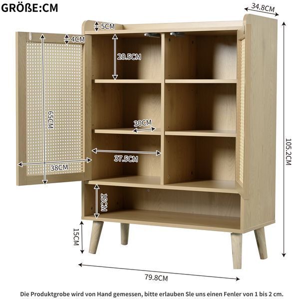 Schuhschrank mit Rattantüren & Push-Open, eiche, 80x35x105 cm Bild 10