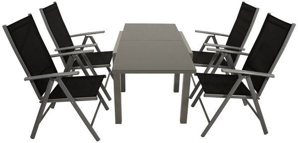 DEGAMO Garten-Essgruppe MARINA 5-teilig, 4x Klappsessel, 1x Ausziehtisch Glas 70/140x70cm, Alu silbergrau