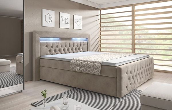 Ascona Boxspringbett mit LED-Beleuchtung, Blau-LED, 180 x 200 cm, Matratze H3, Beige