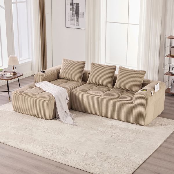 4-Sitzer Wohnlandschaft B 253 x T 158 x H 61 cm aus Cord in Khaki, modular kombinierbar