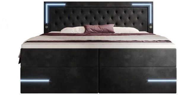 Boxspringbett Carlotta mit LED, Stauraum und USB (Samt) 140x200 Schwarz H2 (bis 70kg)