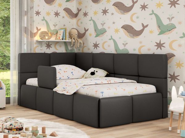 Jugendbett, Kinderbett mit Kopfteil ARVO ALTA 90x200 cm, Polsterbett mit Stauraum, hoher Schlafkomfort - Dunkelgrau Kunstleder - Links - MIRO LUX