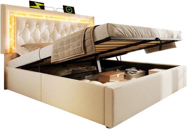 Polsterbett Doppelbett Samt mit LED-Diamantstreifen, USB & Type-C Ladestation, hydraulischem Stauraum Beige H 104 cm x T 209 cm x B 187 cm