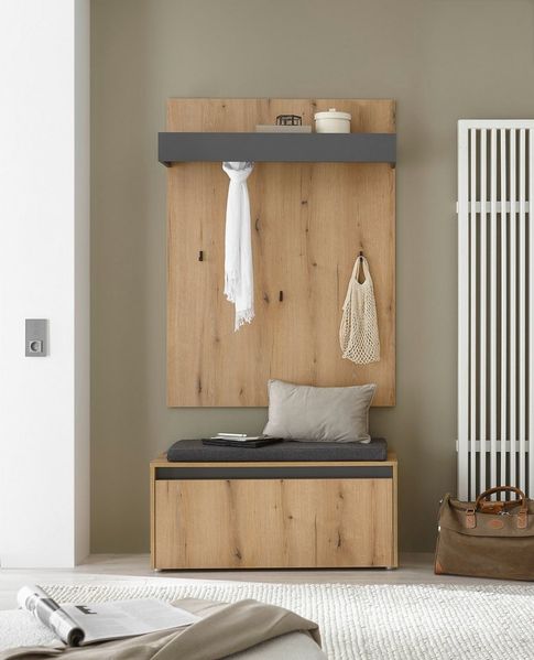 Home affaire Garderoben-Set GIRON/CiTY, moderne Garderobe, Komplettset mit viel Stauraum, (Komplett-Set, 2-St), enthält Garderobenpaneel & Schuhbank inkl. Sitzkissen, 100 cm breit