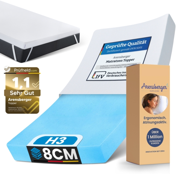 Arensberger Matratzen Topper PREMIUM, 90x200cm, Gelschaum Matratzentopper, waschbarer Bezug, geeignet für Federkern & Schaumstoff Matratzen, Höhe 8cm