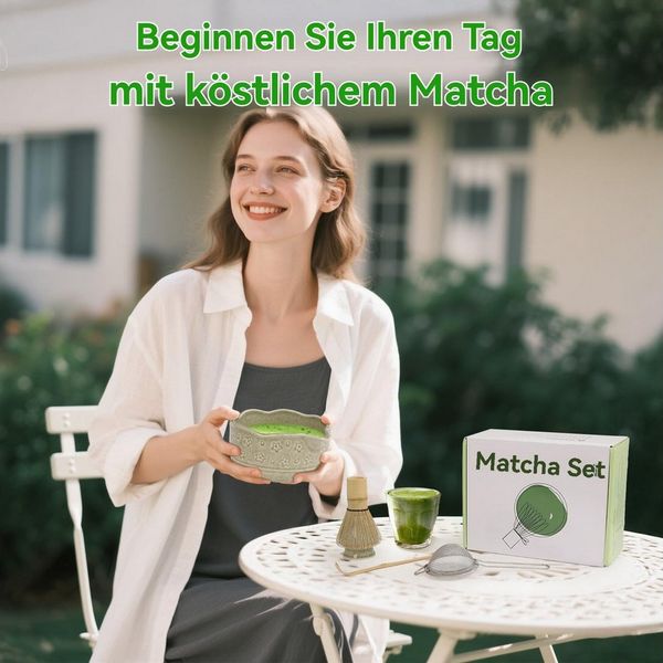 Minicloss Teeservice Premium Matcha Tee Set Teezubereitung, Teezeremonie Ausrüstung, mit Keramikschale, Edelstahlsieb, Löffel & Whisk Halter