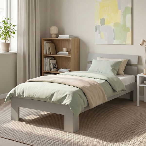 Bellamio 'Kavir' Bett 90x200 cm, cremegrau lackiert, Massivholzbett aus Kiefer, Einzelbett inkl. Lattenrost, bis 120 kg belastbar